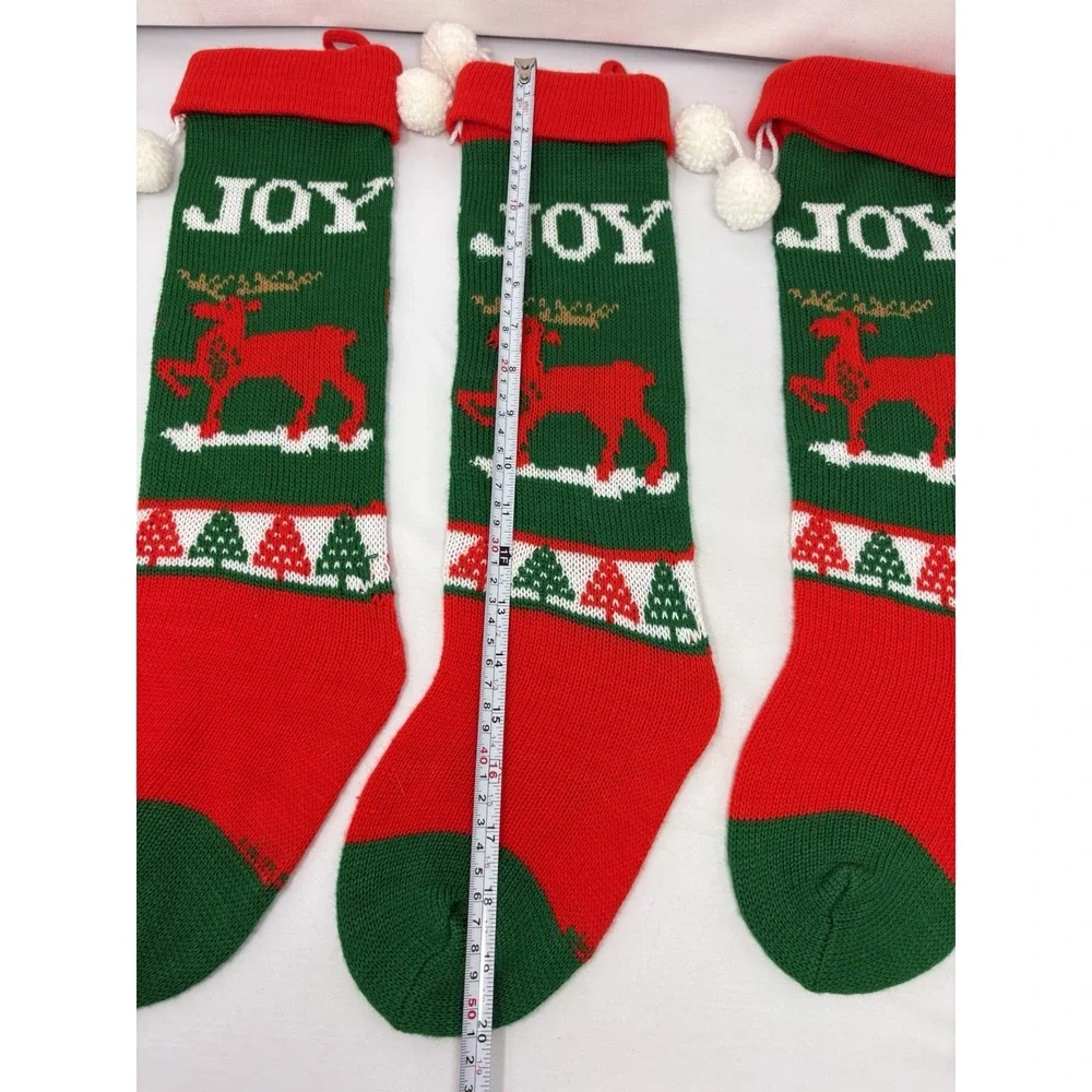 3 Vintage Red Green Joy Reindeer Knit Christmas Stocking PomPom Granny Core 80's